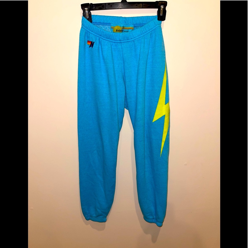 Aviator Nation turquoise lightening bolt soft sweatpants. Size XS
